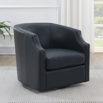 Easton Midnight Blue Top Grain Leather Swivel Glider Barrel Chair