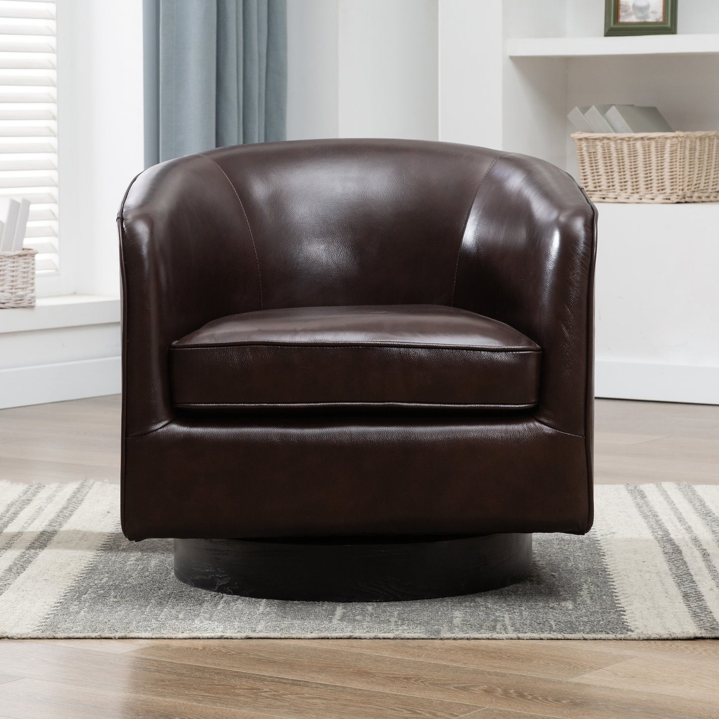 Turner Brown Top Grain Leather Swivel Barrel Accent Chair