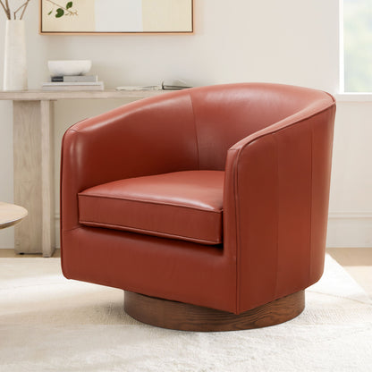 Taos Top Grain Leather Wood Base Swivel Barrel Accent Chair