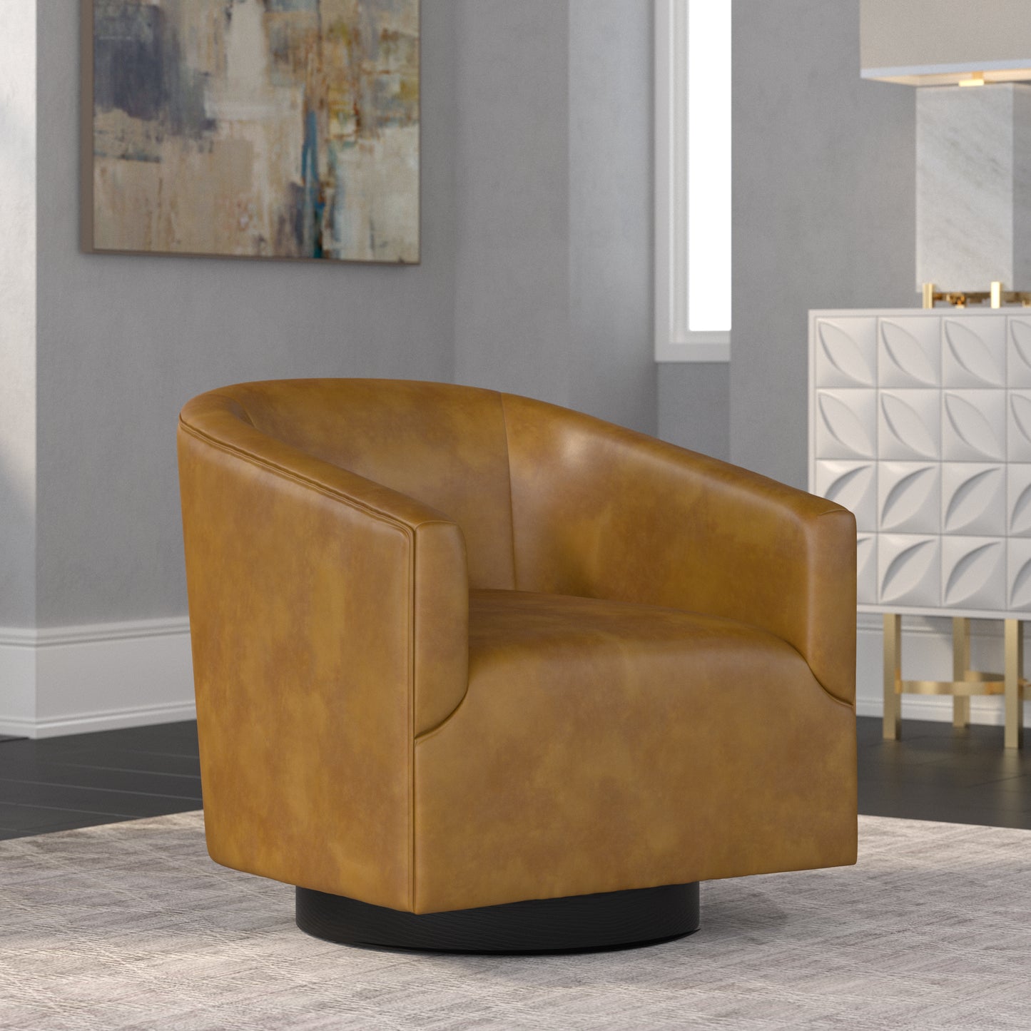 Gaven Wood Base Faux Leather Swivel Accent Chair